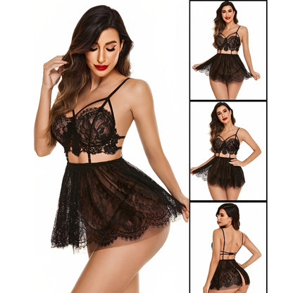 Strappy Lace Bralette and Sheer Mesh Skirt Set