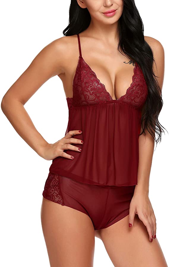 lace-trim sheer mesh babydoll & shorts set