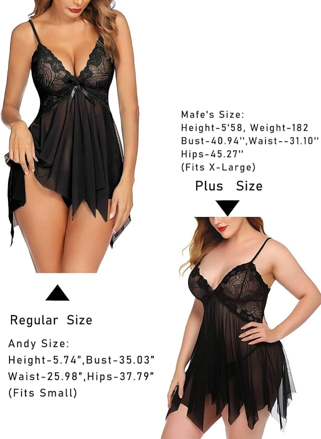 handkerchief hem sheer mesh babydoll with lace cups