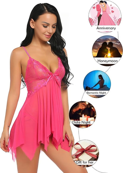 Handkerchief Hem Sheer Mesh Babydoll with Lace Cups
