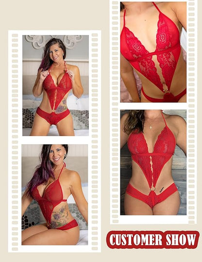 Plunging Halter Lace & Mesh Cutout Bodysuit