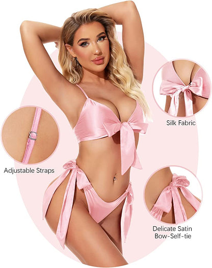 High-Shine Satin Tie-Front Lingerie Set