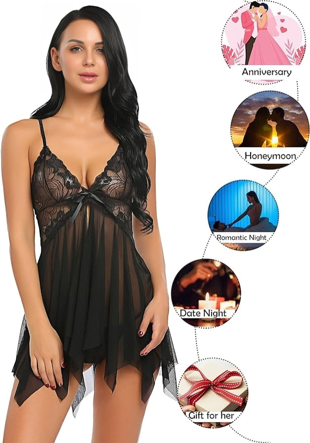 handkerchief hem sheer mesh babydoll with lace cups