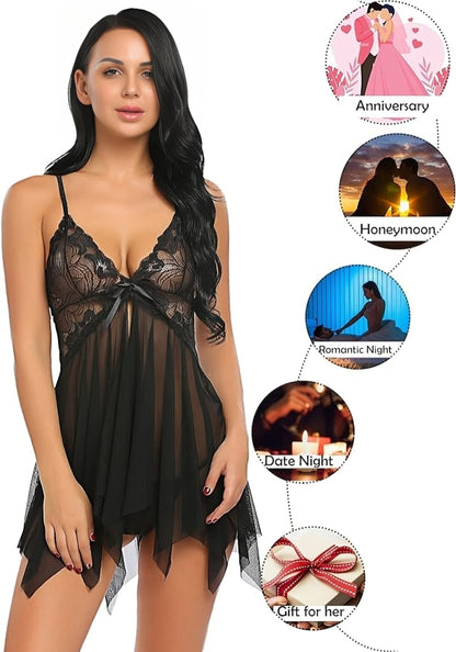 Handkerchief Hem Sheer Mesh Babydoll with Lace Cups