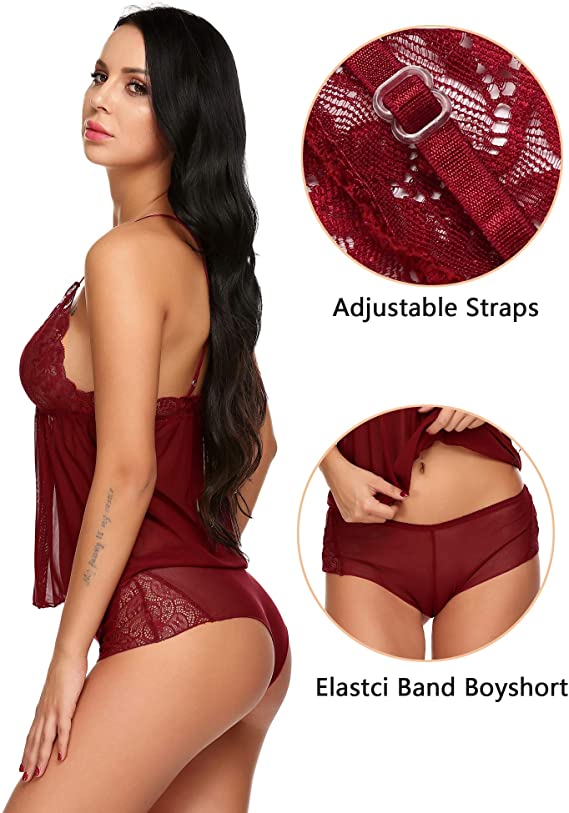 lace-trim sheer mesh babydoll & shorts set