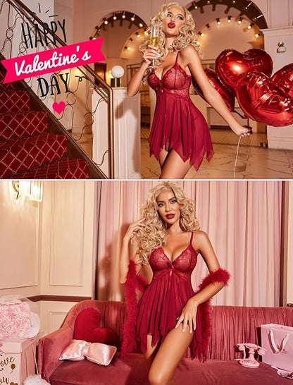 Handkerchief Hem Sheer Mesh Babydoll with Lace Cups