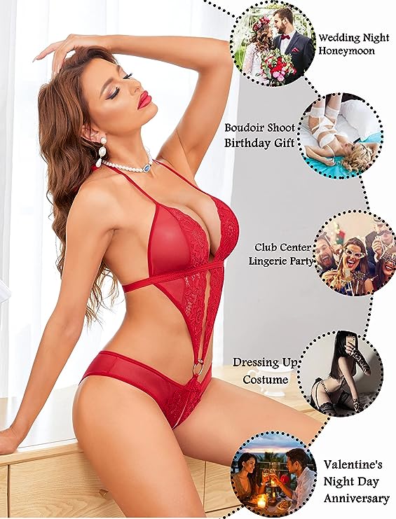 plunging halter lace & mesh cutout bodysuit