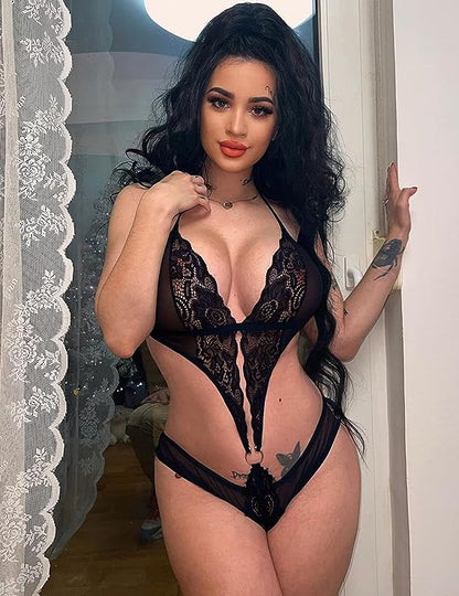 Plunging Halter Lace & Mesh Cutout Bodysuit