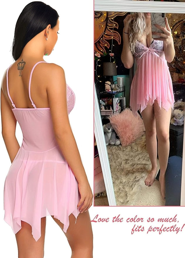 handkerchief hem sheer mesh babydoll with lace cups