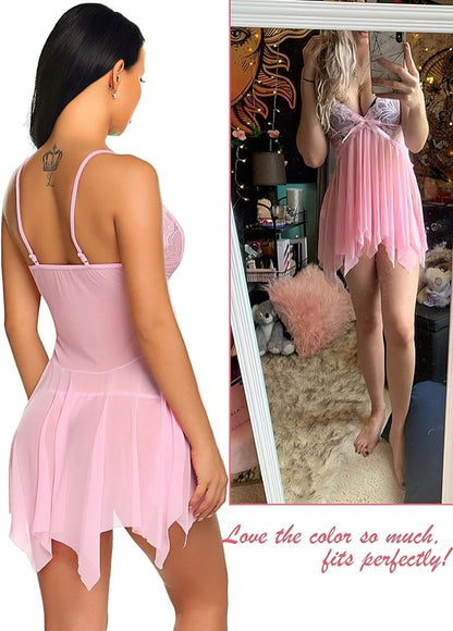 Handkerchief Hem Sheer Mesh Babydoll with Lace Cups