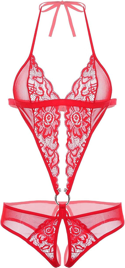 Plunging Halter Lace & Mesh Cutout Bodysuit
