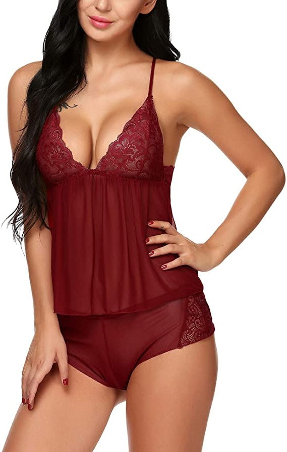 lace-trim sheer mesh babydoll & shorts set
