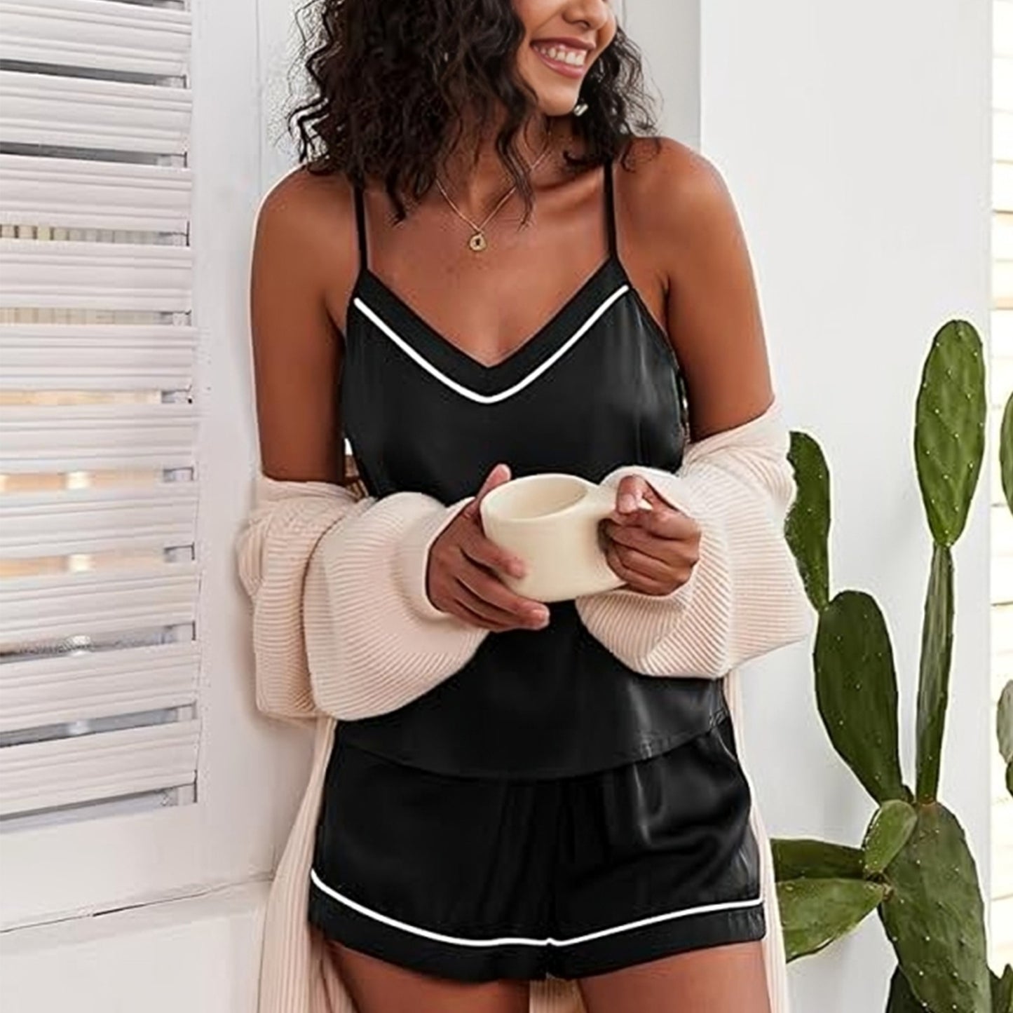 contrast piping silky satin cami & shorts pajama set