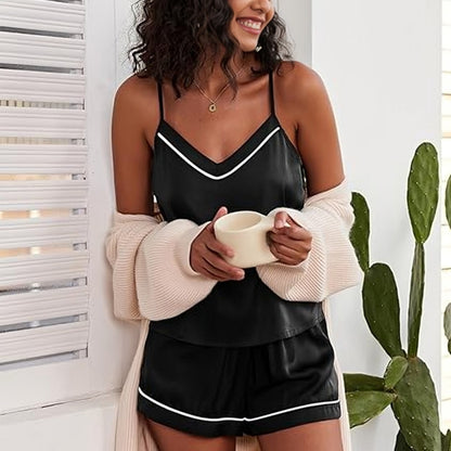 Contrast Piping Silky Satin Cami & Shorts Pajama Set