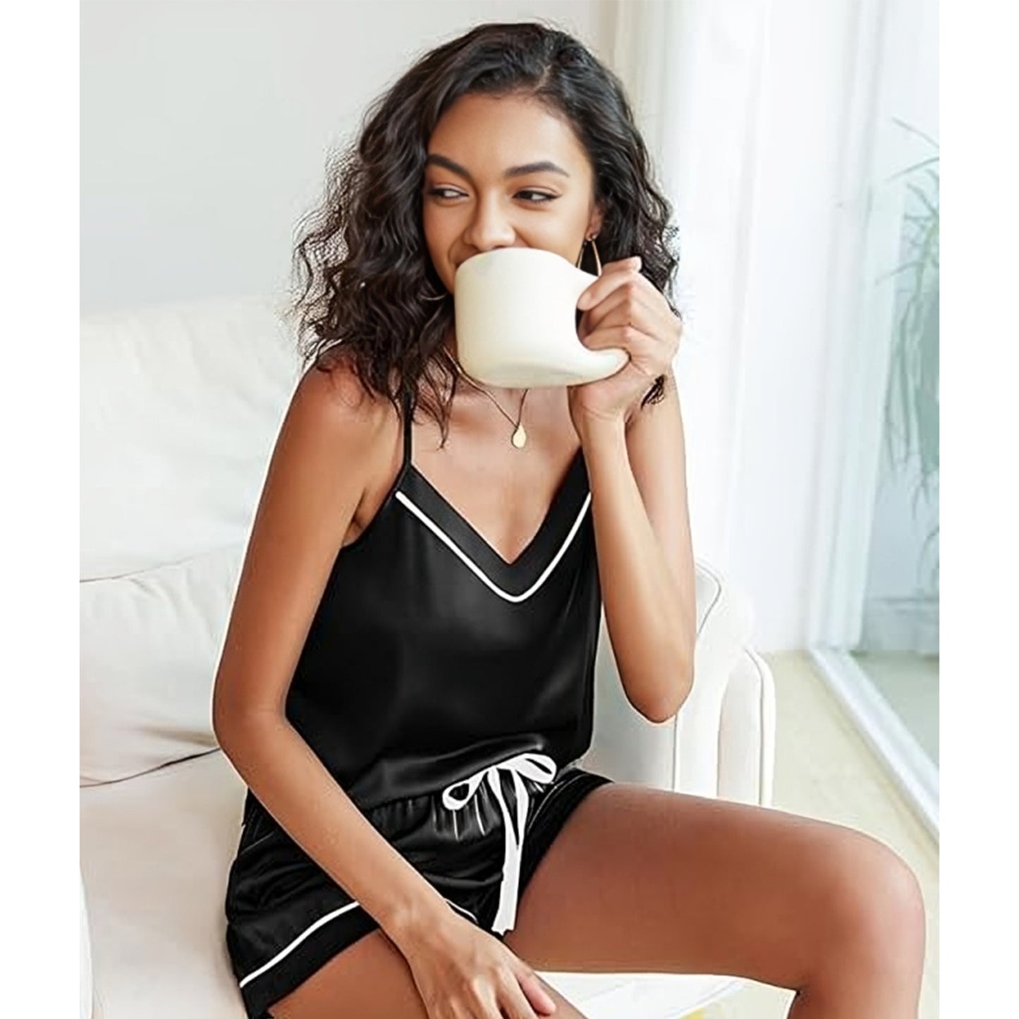 contrast piping silky satin cami & shorts pajama set