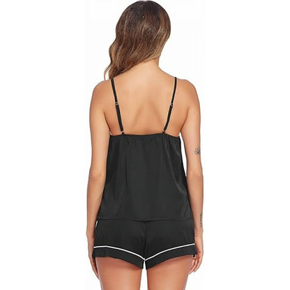 Contrast Piping Silky Satin Cami & Shorts Pajama Set