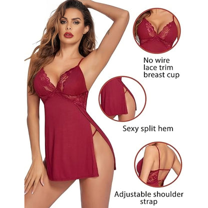 Comfort Knit Chemise with Lace Trim and High Slits