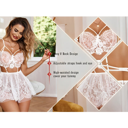 Strappy Lace Bralette and Sheer Mesh Skirt Set