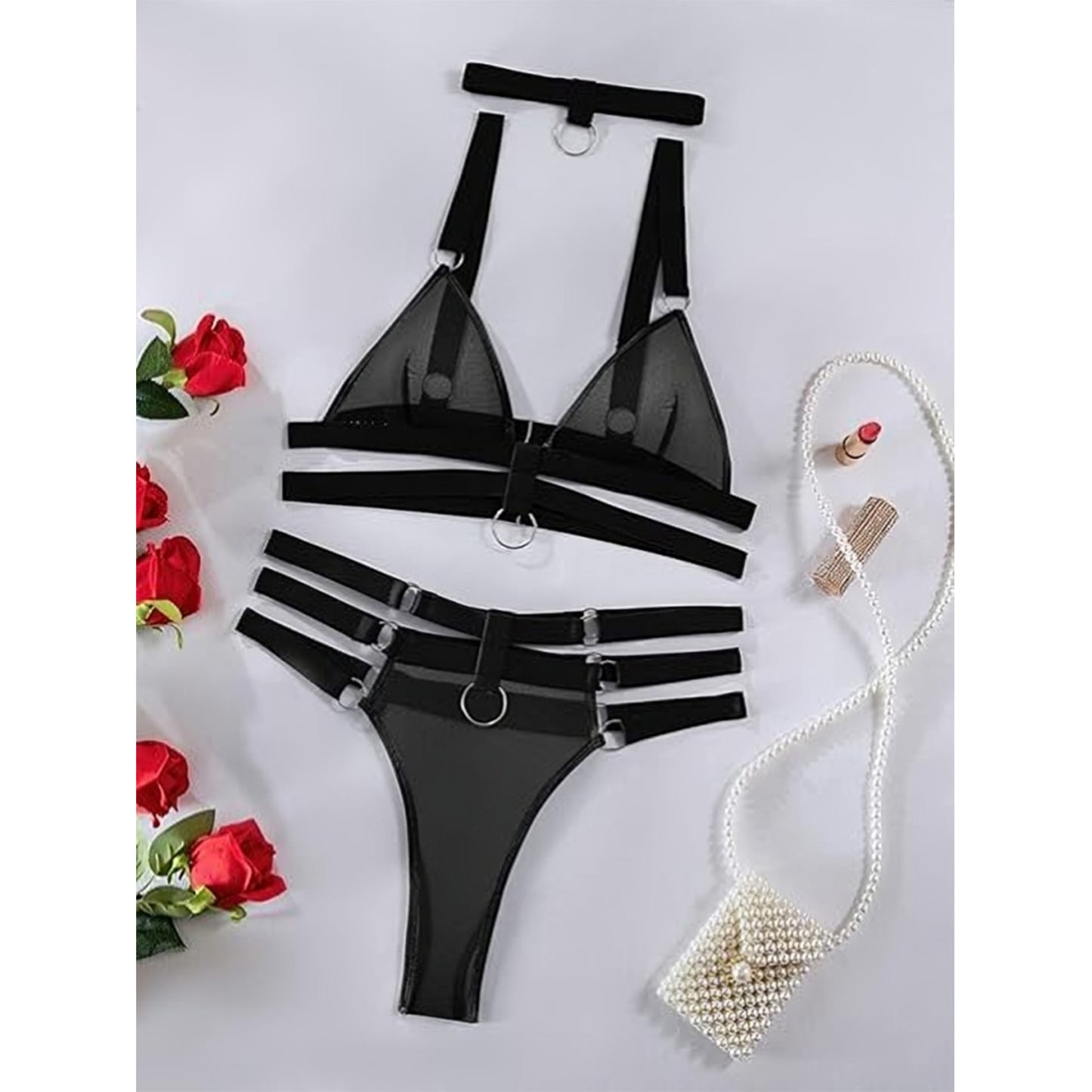 strappy ring detail sheer mesh lingerie set