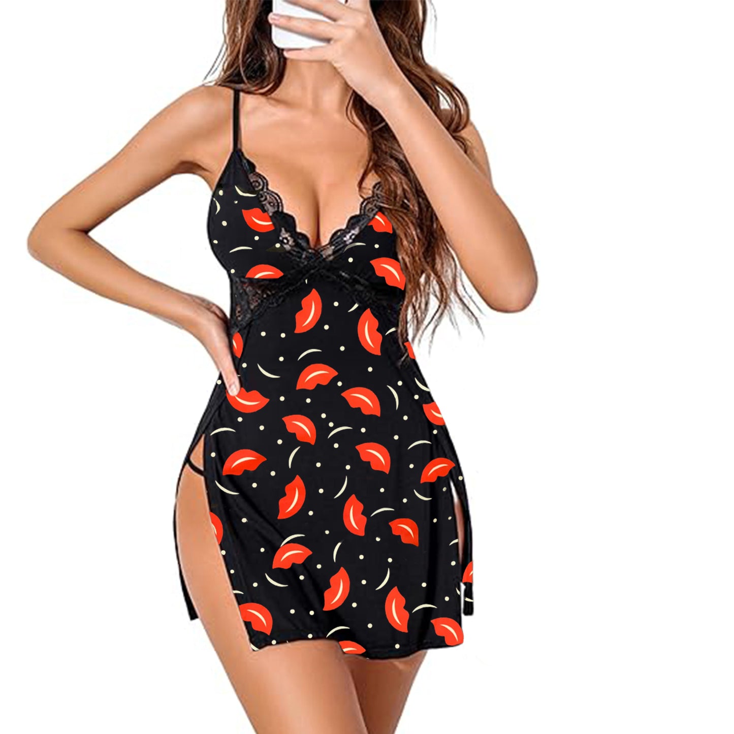 comfort knit chemise with lace trim and high slits