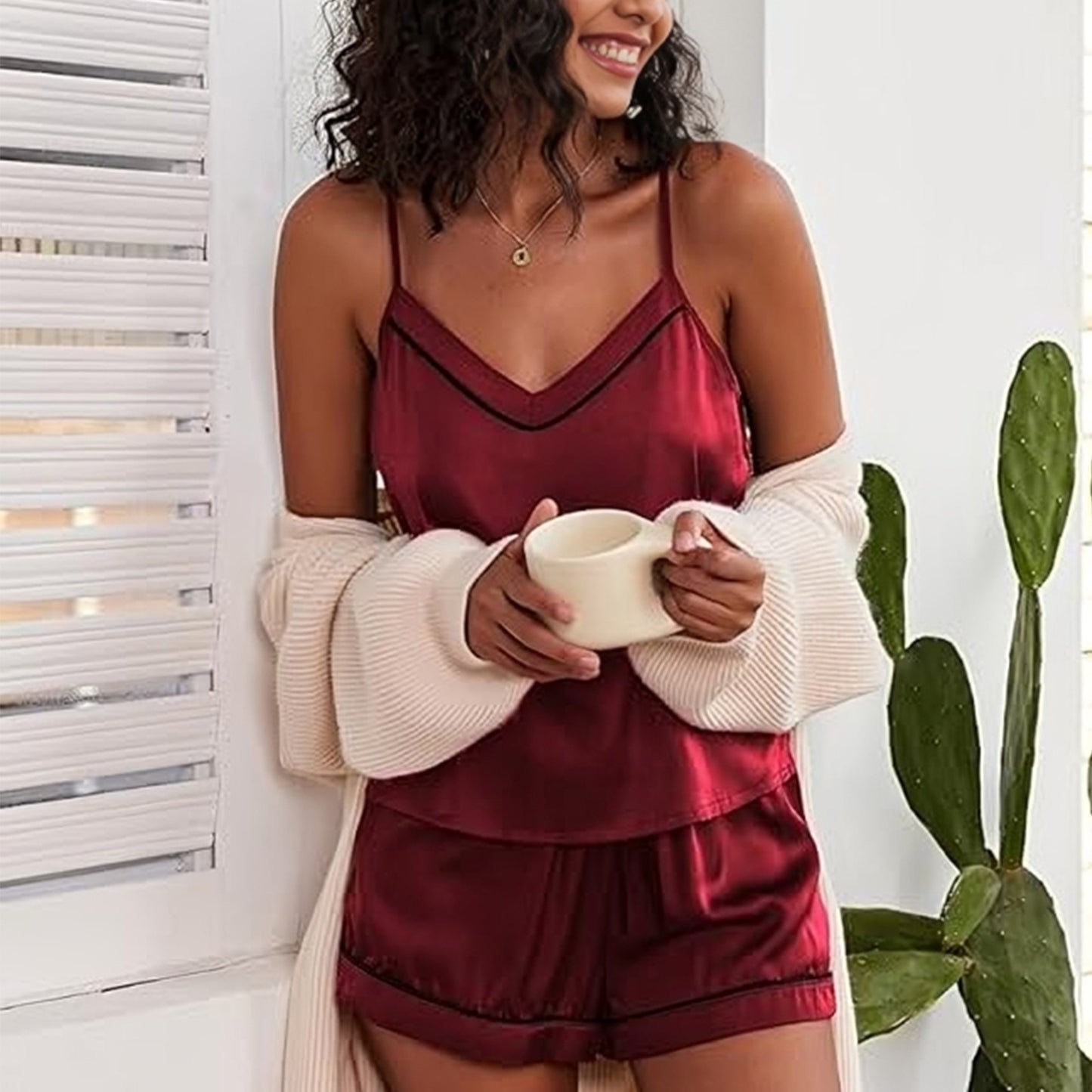 contrast piping silky satin cami & shorts pajama set