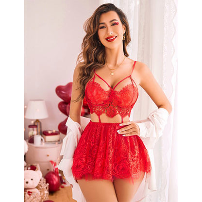 Strappy Lace Bralette and Sheer Mesh Skirt Set