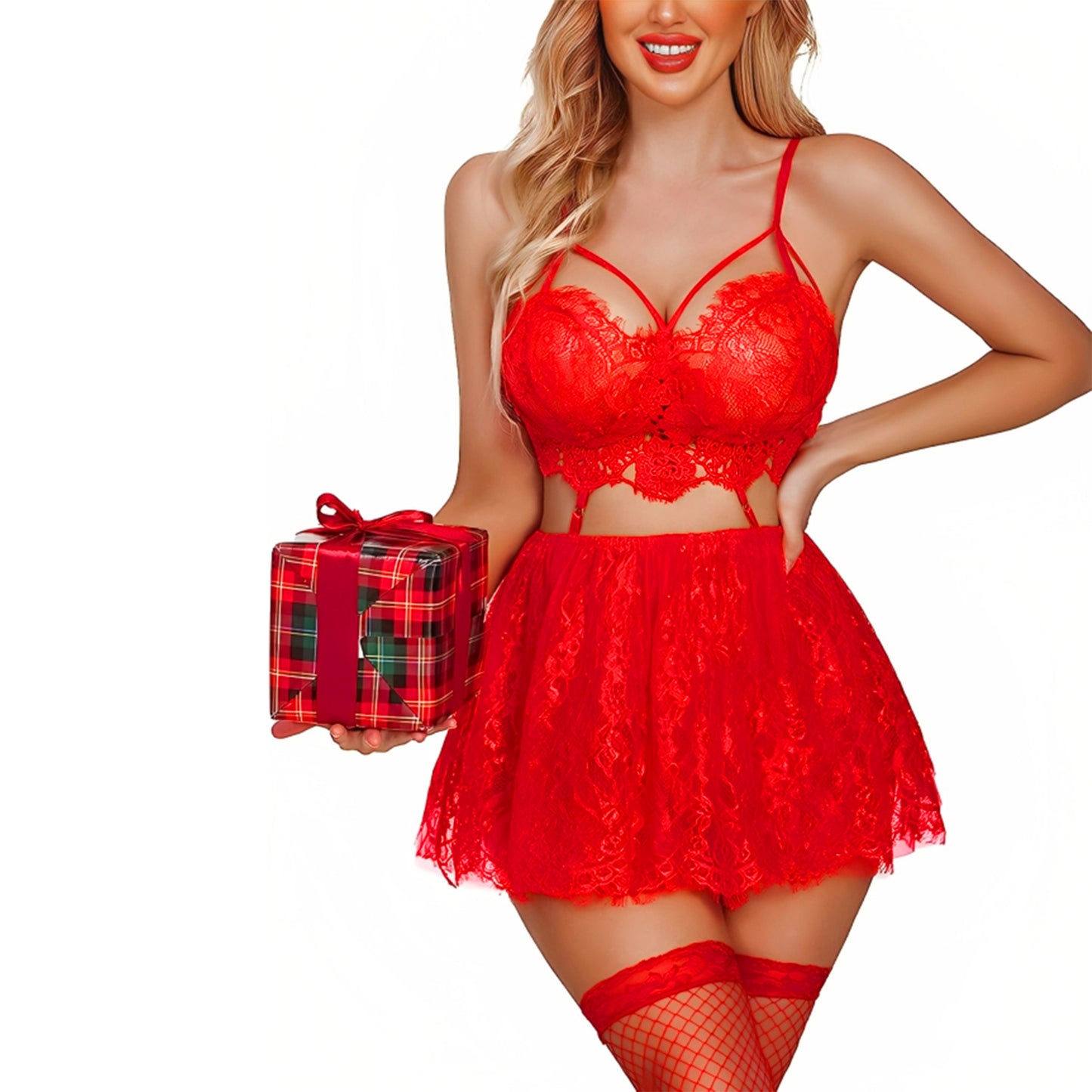 strappy lace bralette and sheer mesh skirt set