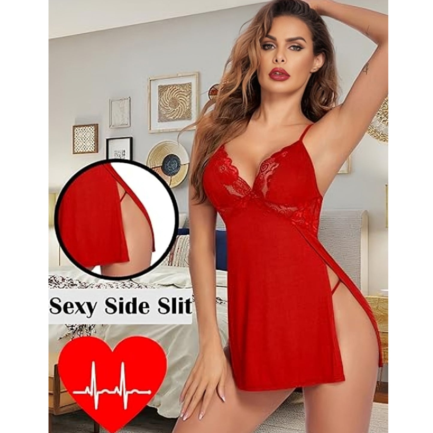 comfort knit chemise with lace trim and high slits