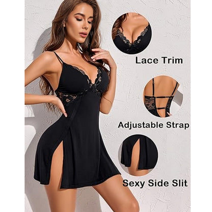 Comfort Knit Chemise with Lace Trim and High Slits