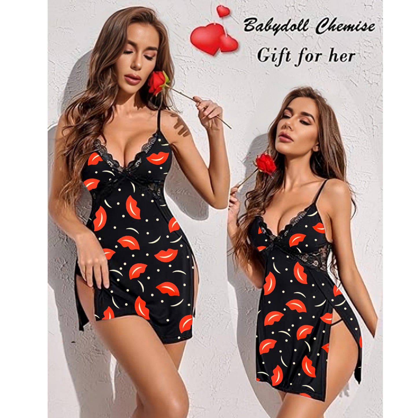 comfort knit chemise with lace trim and high slits