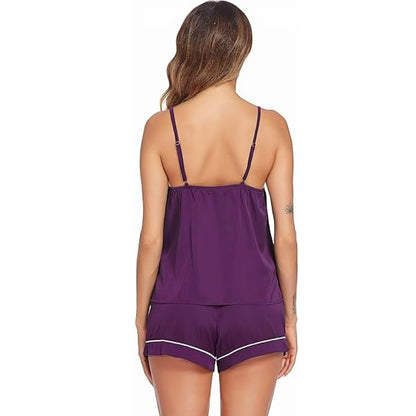 Contrast Piping Silky Satin Cami & Shorts Pajama Set