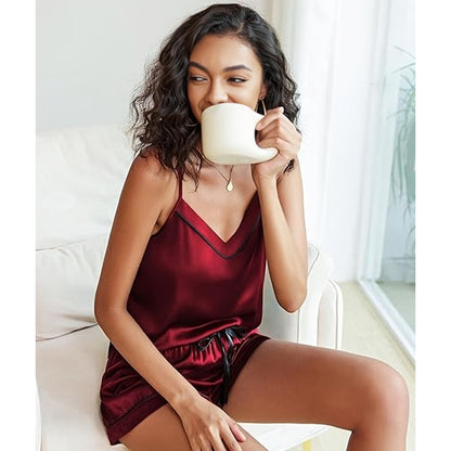 Contrast Piping Silky Satin Cami & Shorts Pajama Set