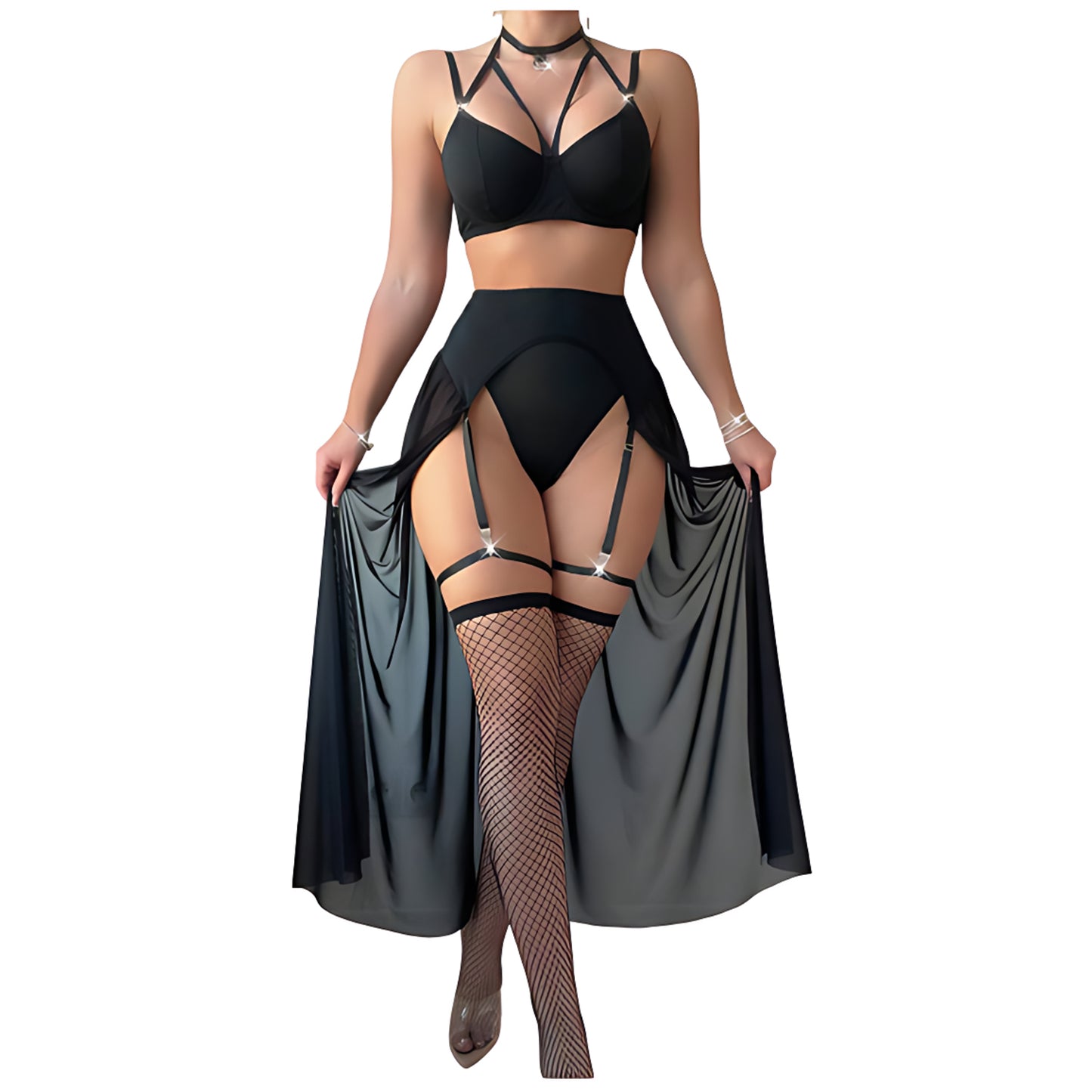 three-piece strappy bralette & sheer maxi skirt set
