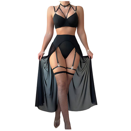 Three-Piece Strappy Bralette & Sheer Maxi Skirt Set