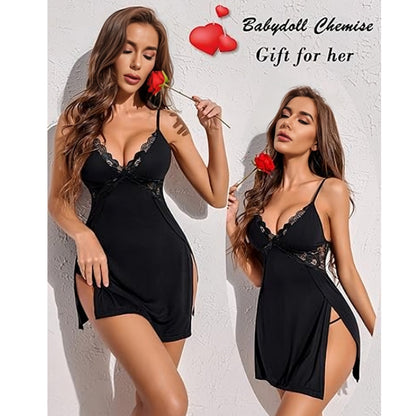 Comfort Knit Chemise with Lace Trim and High Slits