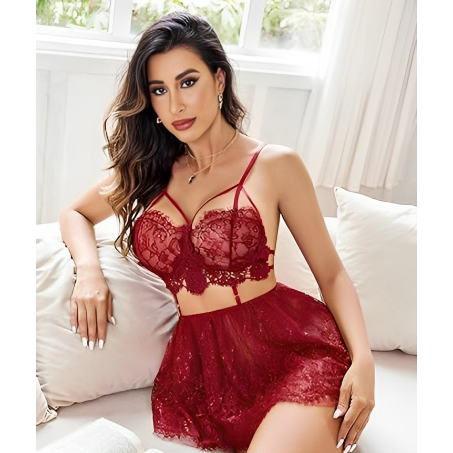 strappy lace bralette and sheer mesh skirt set