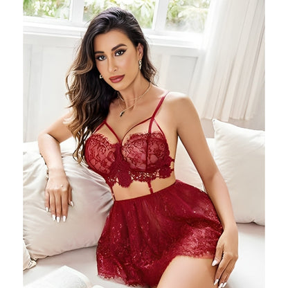 Strappy Lace Bralette and Sheer Mesh Skirt Set