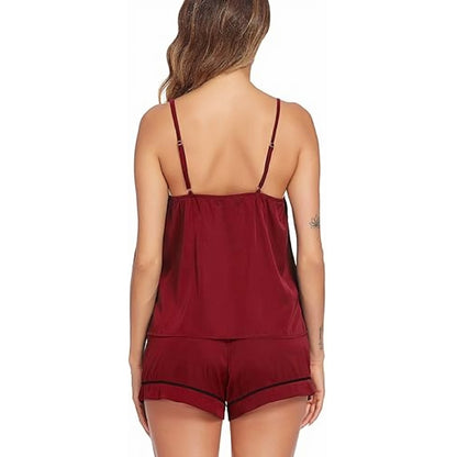 Contrast Piping Silky Satin Cami & Shorts Pajama Set