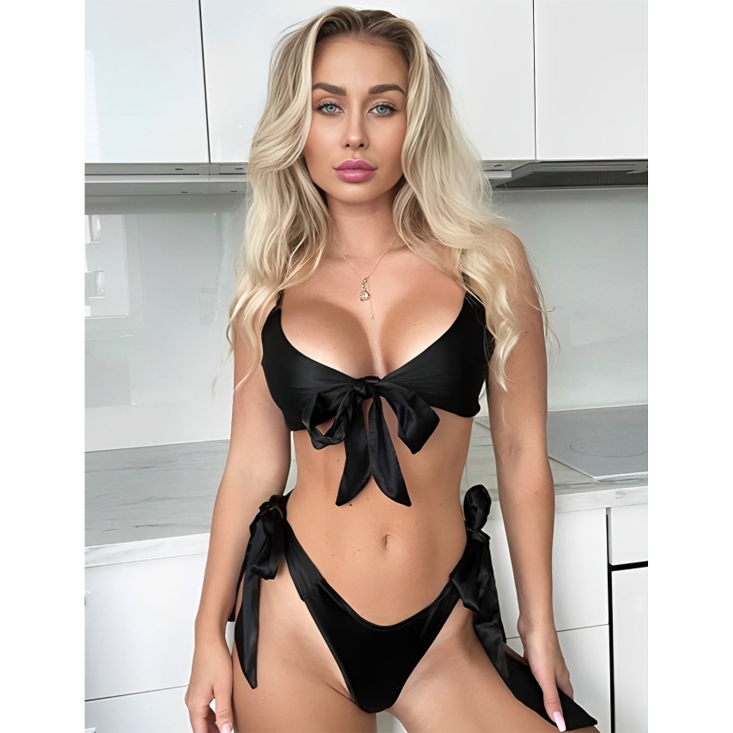 high-shine satin tie-front lingerie set