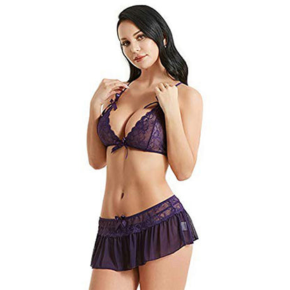 Halter Lace Bralette & Sheer Mini Skirt Lingerie Set