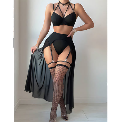 Three-Piece Strappy Bralette & Sheer Maxi Skirt Set