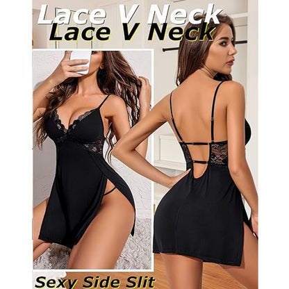 Comfort Knit Chemise with Lace Trim and High Slits