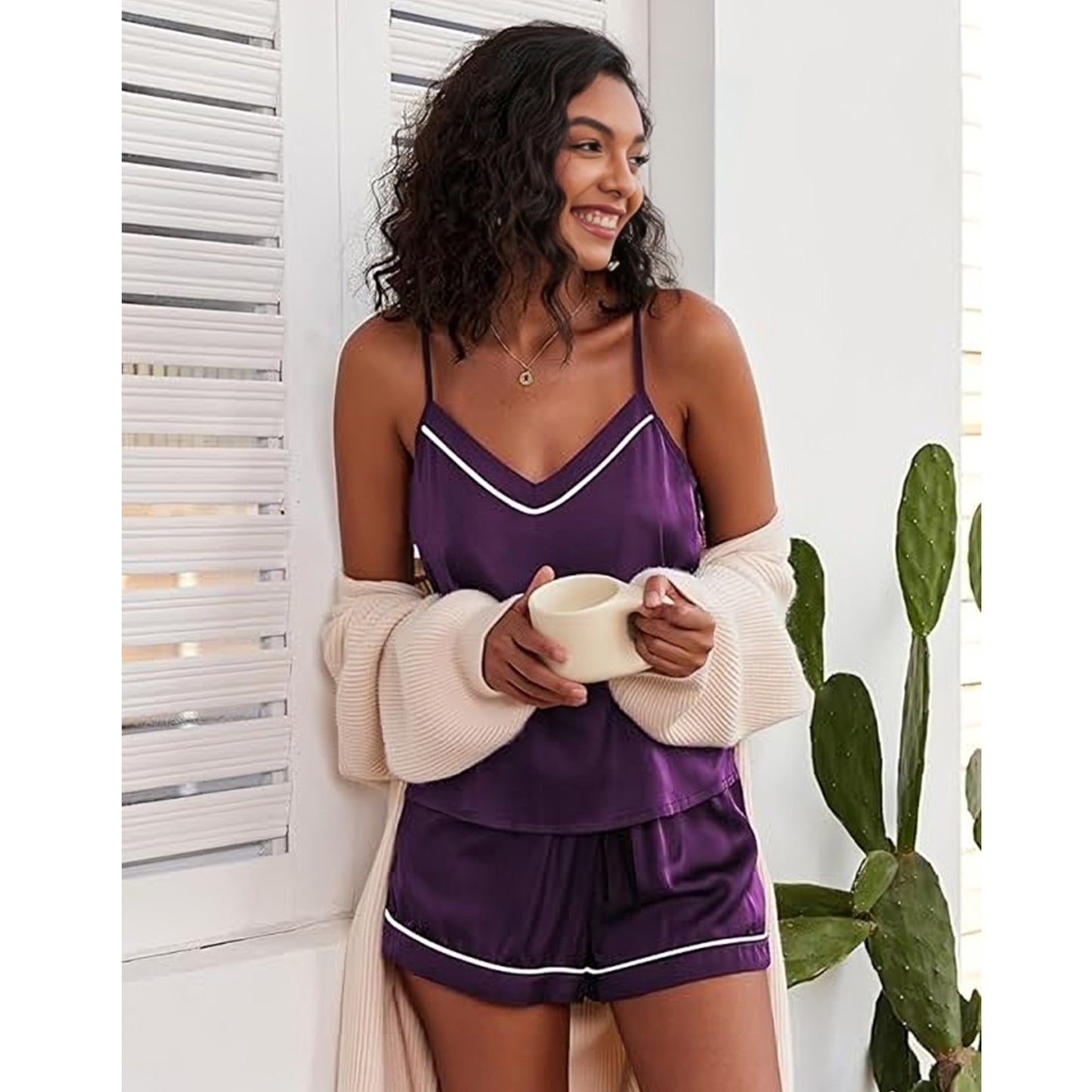 contrast piping silky satin cami & shorts pajama set