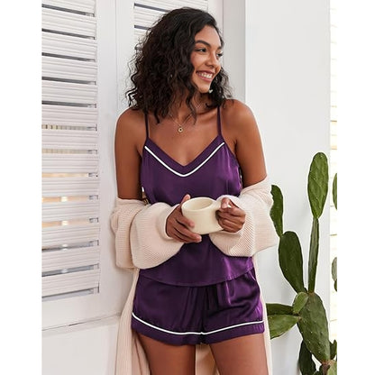 Contrast Piping Silky Satin Cami & Shorts Pajama Set