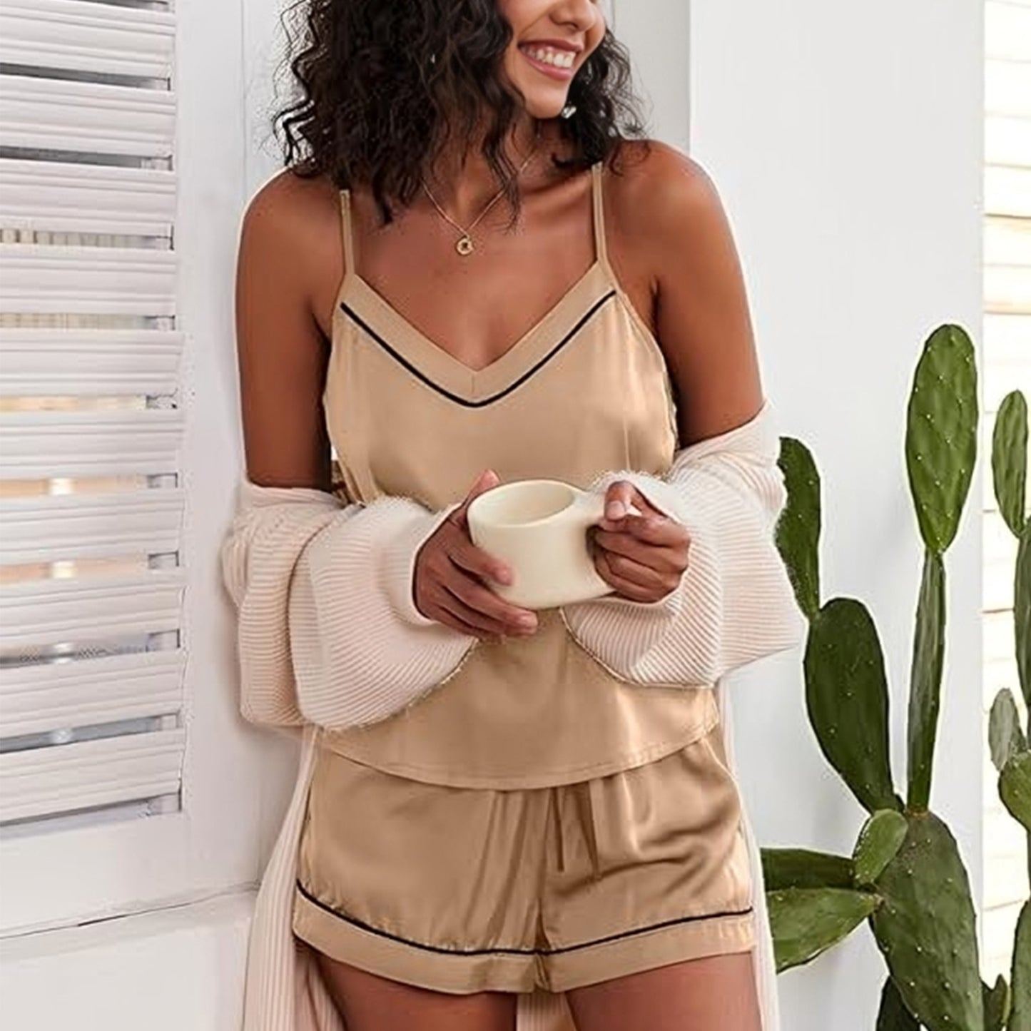 contrast piping silky satin cami & shorts pajama set