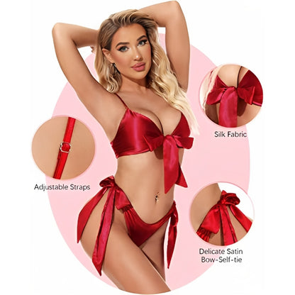 High-Shine Satin Tie-Front Lingerie Set