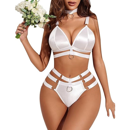 Strappy Ring Detail Sheer Mesh Lingerie Set