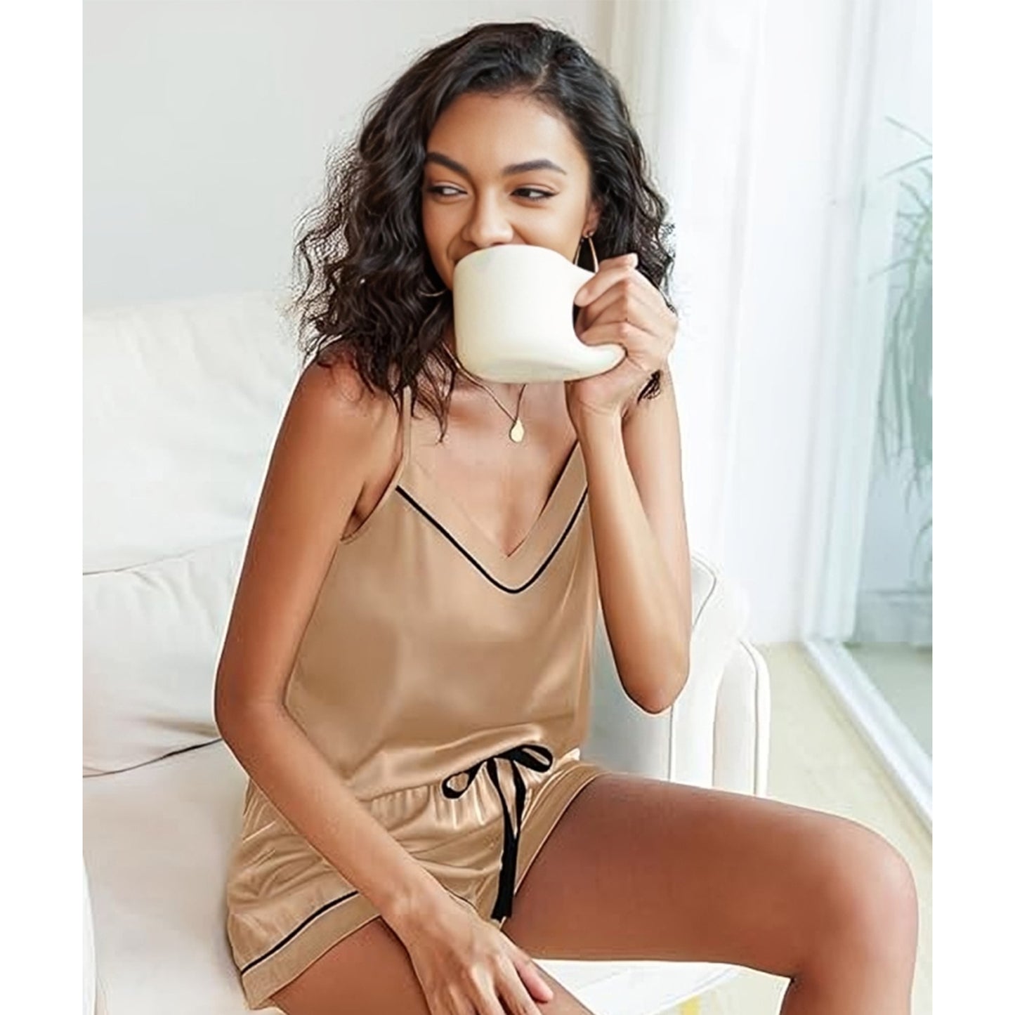 contrast piping silky satin cami & shorts pajama set