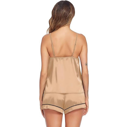 Contrast Piping Silky Satin Cami & Shorts Pajama Set