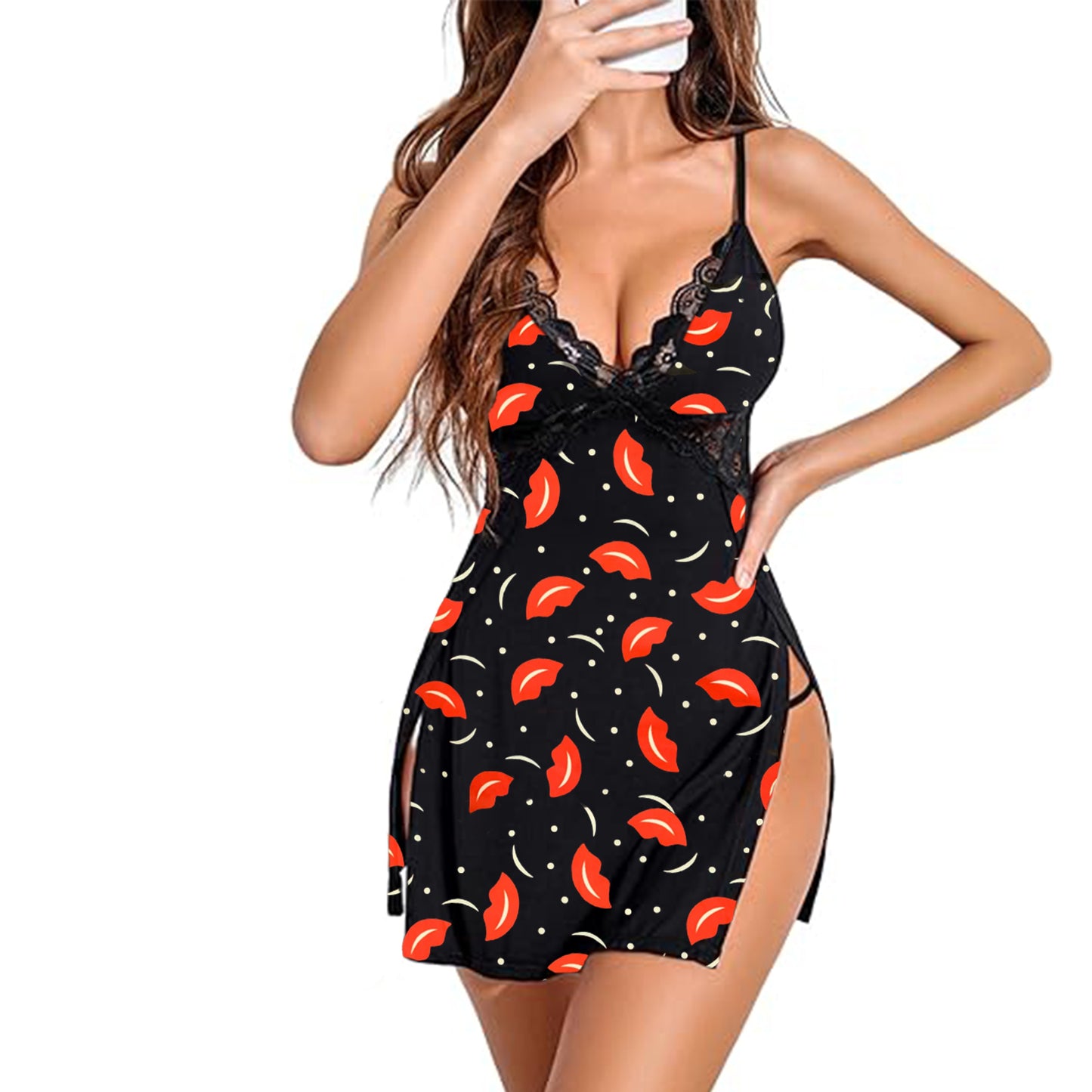 comfort knit chemise with lace trim and high slits